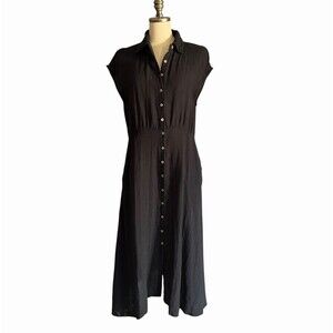 Brave + True Black Linen Shirt Dress Size M Midi Length Pockets Sleeveless/Cap